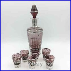 Vintage Venetian Amethyst Glass & Silver Decanter and Shot Glasses