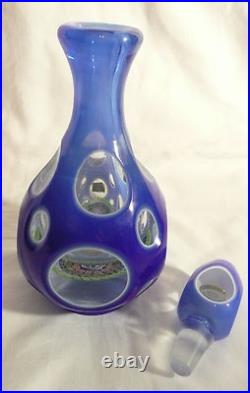 Vintage Venetian Art Glass Cut Decanter Millefiori Blue Cobalt Paperweight Italy