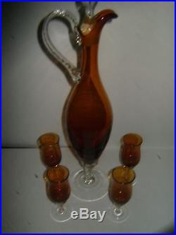 Vintage Venetian Decanter Amber With 4 Glasses Pedestal & Handle Clear Art Glass
