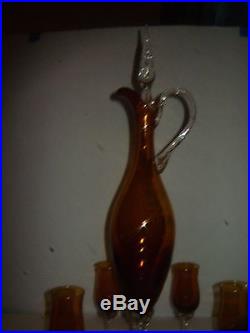 Vintage Venetian Decanter Amber With 4 Glasses Pedestal & Handle Clear Art Glass