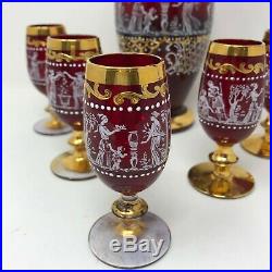 Vintage Venetian Decanter Cup Set Italian Glass Ruby Gold Grecian Figures Wine
