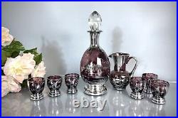 Vintage Venetian Glass Amethyst Liquor Decanter & Cordials Set Silver Overlay