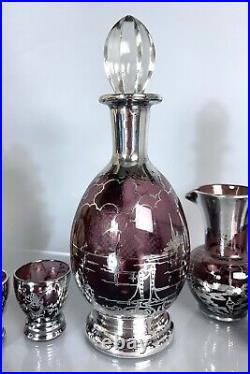 Vintage Venetian Glass Amethyst Liquor Decanter & Cordials Set Silver Overlay