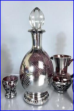 Vintage Venetian Glass Amethyst Liquor Decanter & Cordials Set Silver Overlay