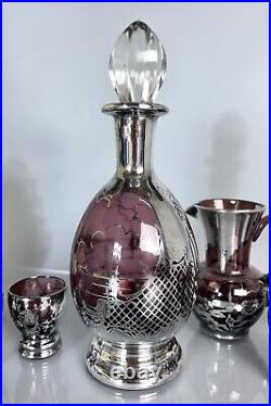 Vintage Venetian Glass Amethyst Liquor Decanter & Cordials Set Silver Overlay