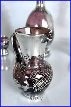 Vintage Venetian Glass Amethyst Liquor Decanter & Cordials Set Silver Overlay