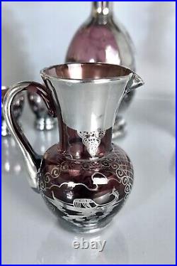 Vintage Venetian Glass Amethyst Liquor Decanter & Cordials Set Silver Overlay