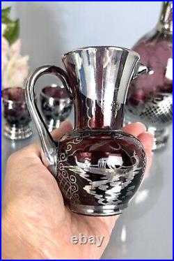 Vintage Venetian Glass Amethyst Liquor Decanter & Cordials Set Silver Overlay