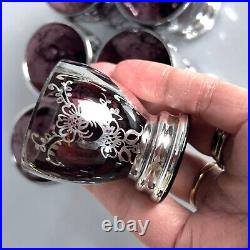 Vintage Venetian Glass Amethyst Liquor Decanter & Cordials Set Silver Overlay