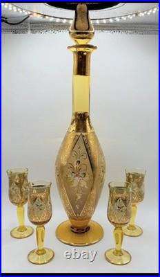 Vintage Venetian Glass Decanter Amber 4 Cordial Glasses Gold Gilded Bischoff