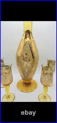 Vintage Venetian Glass Decanter Amber 4 Cordial Glasses Gold Gilded Bischoff