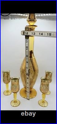 Vintage Venetian Glass Decanter Amber 4 Cordial Glasses Gold Gilded Bischoff