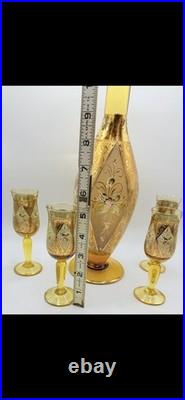 Vintage Venetian Glass Decanter Amber 4 Cordial Glasses Gold Gilded Bischoff