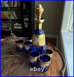 Vintage Venetian Glass Decanter Set Six Glasses Cobalt Blue Gold Leaf Cordial
