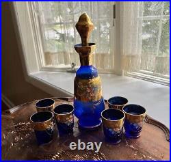 Vintage Venetian Glass Decanter Set Six Glasses Cobalt Blue Gold Leaf Cordial
