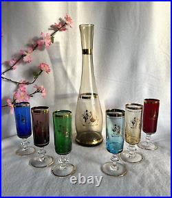 Vintage Venetian Glass Decanter & Wine Glasses with Gold Rim (7 pieces)