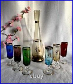 Vintage Venetian Glass Decanter & Wine Glasses with Gold Rim (7 pieces)