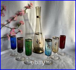 Vintage Venetian Glass Decanter & Wine Glasses with Gold Rim (7 pieces)