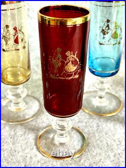 Vintage Venetian Glass Decanter & Wine Glasses with Gold Rim (7 pieces)