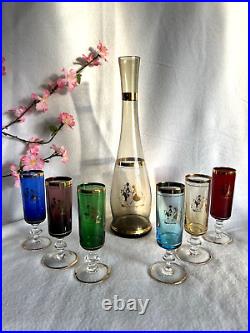 Vintage Venetian Glass Decanter & Wine Glasses with Gold Rim (7 pieces)