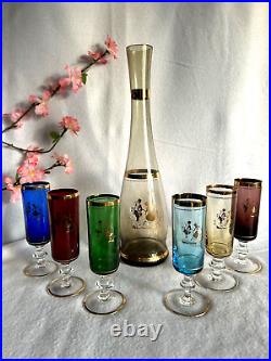 Vintage Venetian Glass Decanter & Wine Glasses with Gold Rim (7 pieces)