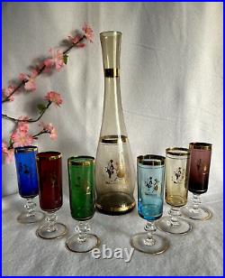 Vintage Venetian Glass Decanter & Wine Glasses with Gold Rim (7 pieces)