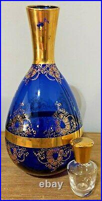 Vintage Venetian Glass Decanter with 6 Glasses Cobalt Blue with 22K Gold Trim