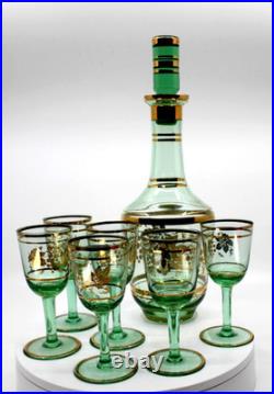 Vintage Venetian Green Decanter With 6 Cordial Glasses With 24k Gold Accent 1960