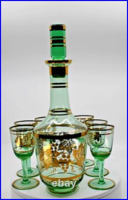 Vintage Venetian Green Decanter With 6 Cordial Glasses With 24k Gold Accent 1960