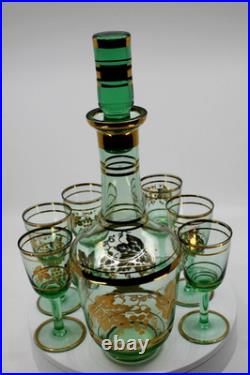Vintage Venetian Green Decanter With 6 Cordial Glasses With 24k Gold Accent 1960