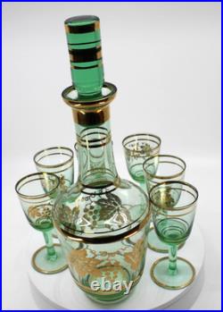 Vintage Venetian Green Decanter With 6 Cordial Glasses With 24k Gold Accent 1960