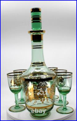 Vintage Venetian Green Decanter With 6 Cordial Glasses With 24k Gold Accent 1960