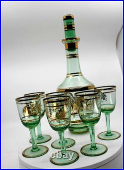 Vintage Venetian Green Decanter With 6 Cordial Glasses With 24k Gold Accent 1960