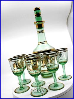 Vintage Venetian Green Decanter With 6 Cordial Glasses With 24k Gold Accent 1960