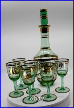 Vintage Venetian Green Decanter With 6 Cordial Glasses With 24k Gold Accent 1960