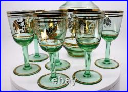 Vintage Venetian Green Decanter With 6 Cordial Glasses With 24k Gold Accent 1960