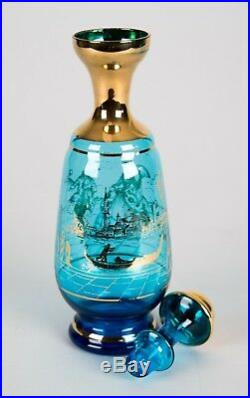 Vintage Venetian Hand Blown Glass Decanter & Whiskey Shot Glasses Set Blue Gold