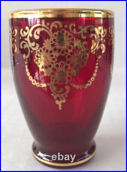 Vintage Venetian Ruby Red Glass Decanter & Shot Glass Set Gold Glit Paint 7 Pcs
