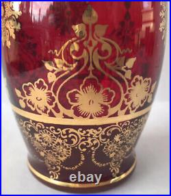 Vintage Venetian Ruby Red Glass Decanter & Shot Glass Set Gold Glit Paint 7 Pcs