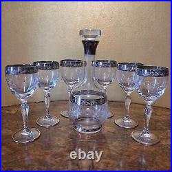 Vintage Venetian Silver Etched Wine Glass & Decanter Set