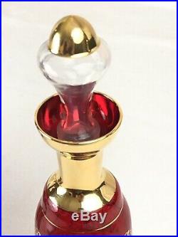 Vintage Venetian Theme Ruby Red Bohemian Decanter & 6 Glasses Gold Overlay