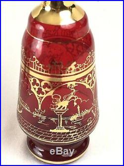 Vintage Venetian Theme Ruby Red Bohemian Decanter & 6 Glasses Gold Overlay