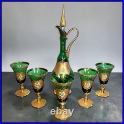 Vintage Venetian Tre Fuochi Gilded Emerald Green Glass Decanter/Goblets Set