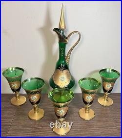 Vintage Venetian Tre Fuochi Gilded Emerald Green Glass Decanter/Goblets Set