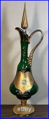 Vintage Venetian Tre Fuochi Gilded Emerald Green Glass Decanter/Goblets Set