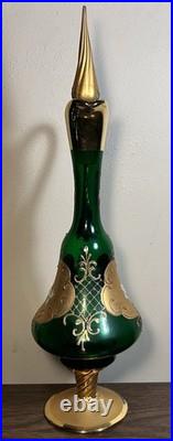 Vintage Venetian Tre Fuochi Gilded Emerald Green Glass Decanter/Goblets Set