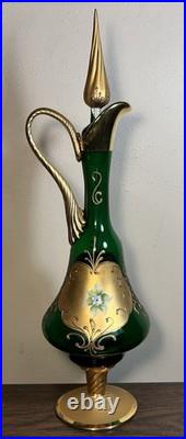 Vintage Venetian Tre Fuochi Gilded Emerald Green Glass Decanter/Goblets Set