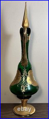 Vintage Venetian Tre Fuochi Gilded Emerald Green Glass Decanter/Goblets Set