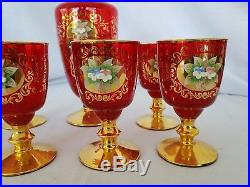 Vintage Venetian painted glass Decanter and glasses ruby red GORGEOUS