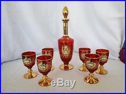 Vintage Venetian painted glass Decanter and glasses ruby red GORGEOUS